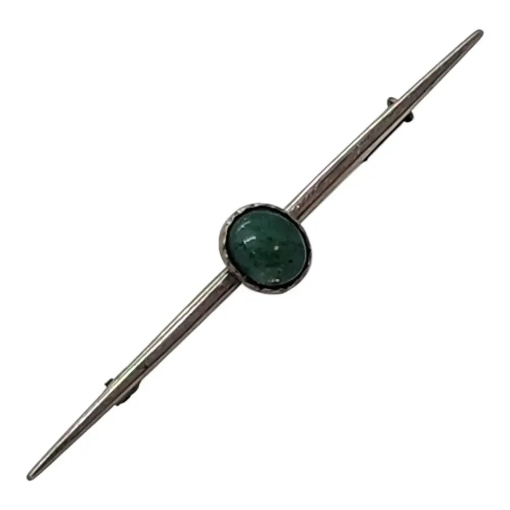 Antique Long Bar Brooch Pin Sterling Silver Jade Cabochon Tie Suite Collar Hat
